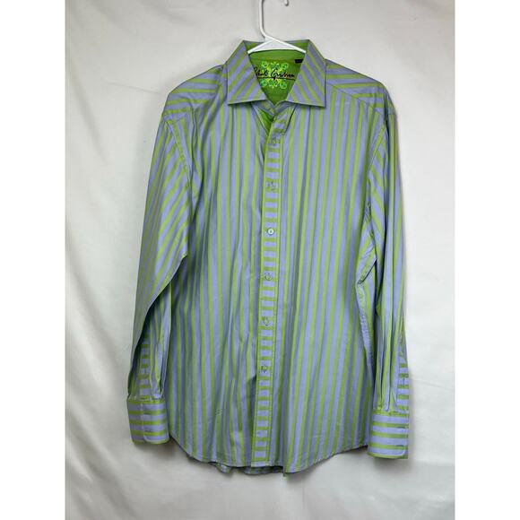 Robert Graham Men's  Large Lime Green/Blue Striped Long Sleeve Button Up Shirt - Picture 1 of 7